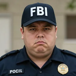 photo of an overweight fbi agent wearing a hat that says fbi