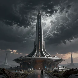 alien base on a strange planet, visible from afar!!, evening storm, futuristic, artstation, concept art, beautiful space ship!!, highly detailed by florian dreyer, jonathan dufresne, encho enchev