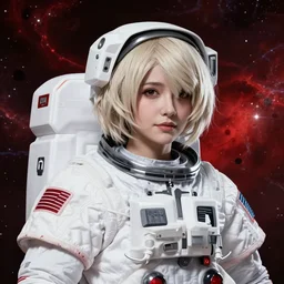highly detailed portrait of a hopeful pretty astronaut lady with a wavy blonde hair, by Audrey Kawasaki, 4k resolution, nier:automata inspired, bravely default inspired, vibrant but dreary but upflifting red, black and white color scheme!!! ((Space nebula background))