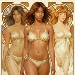 handsome young black women with shoulder length brown hair, bikini, half body shot, path traced, highly detailed, high quality, digital painting, alena aenami, lilia alvarado, shinji aramaki, karol bak, alphonse mucha, tom bagshaw