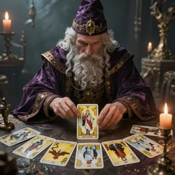 wizard doing a tarot reading, cards, fantasy, digital art, soft lighting, 8 k, highly detailed