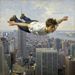 painting of a young man flying through new york city. his hands stretched to the side. the city is alive beneath him. art by gaston bussiere.