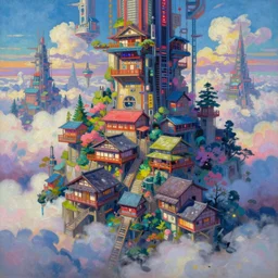 a beautiful futuristic city in the clouds, amazing ryokans and gorgeous edo era houses, epic cyberpunk, lofi vibe, colorful, vivide colors, amazing light, really beautiful nature, oil painting in impressionist style, by jeremy lipkin, by claude monet, by makoto shinkai, multiple brush strokes, inspired by ghibli, masterpiece, beautiful