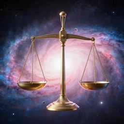 giant justice scale floating in space with pink-light blueish galaxy behind it, 4k detailed, digital art