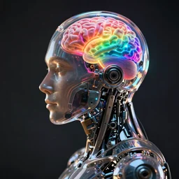 close - up portrait photo of cybernetic exoskeleton human, transparent body, profile, brain is glowing rainbow, fashion photography