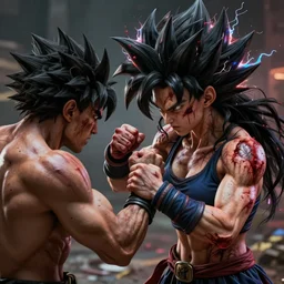 fistfight, bloody, brutal, scars, warrior girl, muscular girl, wild spiky black saiyan hair, long spiky hair, electrified hair, fistfighting man with spiky hair, ultra realistic, intricate details, highly detailed, subsurface scattering, photorealistic, octane render, 8 k, art by artgerm, greg rutkowski, magali villeneuve, alphonse mucha