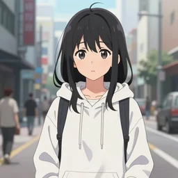 black haired girl wearing hoodie, city, anime key visual, dogakobo