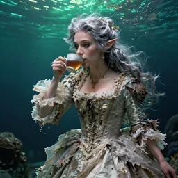 A 18th century, messy, silver haired, (((mad))) elf princess, dressed in a ((ragged)), wedding dress, is ((drinking a cup of tea)). Everything is underwater and floating. Greenish blue tones, theatrical!, ((((underwater lights)))),   fantasyconcept art by Claude Monet, inspired by John Singer Sargent's Lady Macbeth
