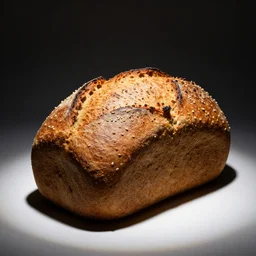 a loaf of bread under a spotlight in darkness. golden brown with seeds scattered on top.