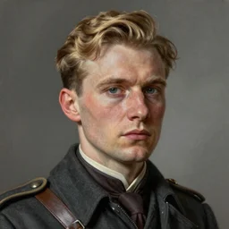 A Hearts of Iron IV portrait of a blond young English man with high cheekbones. Good bone structure. Dressed in 1940s style. Highly detailed, fine Art, high detail, great lighting, 8k resolution, masterpiece, concept art, illustration, clear eyes, painting oil on canvas, octane render, HDR, trending on artstation, 4k, 8k, HD