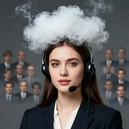 portrait of a beautiful female telemarketer wearing a headset, hot bank, cloud, fume, smoke, gauze, haze, mist rising from head, Alena Aenami, Petros Afshar, Noah Bradley, Anton Fadeev, Anato Finnstark, Steve Henderson, Filip Hodas, Mark Keathley, Thomas Kinkade, Phil Koch, Gilbert Williams, Mike Winkelmann, Beeple