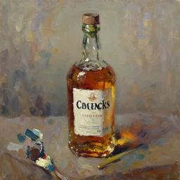 palette knife, impasto oil painting of whiskey bottle, thick paint brush strokes, art by anders zorn, wonderful masterpiece by greg rutkowski, beautiful cinematic light, american romanticism by greg manchess, creation by tyler edlin