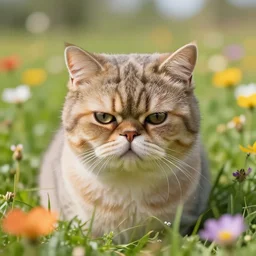 grumpy cat in a meadow of flowers