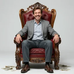 a greedy man, sitting on a throne of money, studio photography, 3 5 mm lens, 8 k