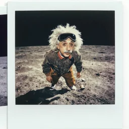 a vintage Polaroid of Albert Einstein landing on the moon, visor up