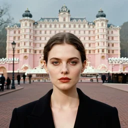 portrait of a 1 9 8 0 s symmetrical, pretty woman with fine facial features, high resolution. in a complex street by edward hopper, jeffrey smart, grand budapest hotel, theatre art