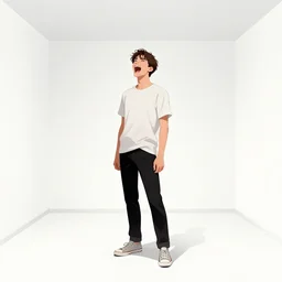 aesthetic digital illustration of a solitary handsome screaming young man standing in an empty white room by brian bolland, rachel birkett, alex ross, and neal adams | sinister, dangerous, character concept, concept art, unreal engine, finalrender, centered, deviantart, artgerm