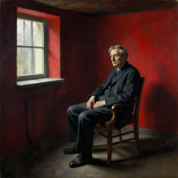 older man sitting on a chair in dark basement with red walls and one window, painting by Beksiński,
