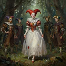 the court jesters wife lost in the woods, pretty, beautiful, hyper realistic fantasy painting, deviantart artstation, by jason felix by steve argyle by tyler jacobson by peter mohrbacher, cinematic, magical