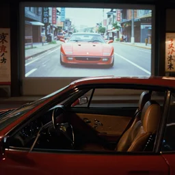 fuji 5 0 r, wide lens ; film still of ferrari style car interior with front seat side window view ; in background a projection of beautiful hyperrealistic film still from ronin ( 1 9 9 0 ) car chase scene directed by wes anderson instyle of 1 9 9 0 s frontiers in miniature porcelain kintsugu design magazine seinen manga edition, real - life seinen manga porcelain sci - fi font izakaya sign, highly detailed, cinematic lighting, 8 k