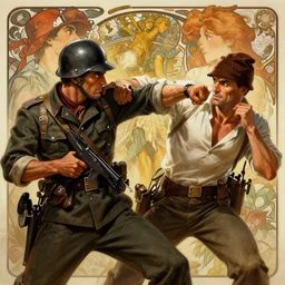 indiana jones punching a wwii german soldier, intricate, epic, highly detailed, digital painting, artstation, concept art, sharp focus, cinematic lighting, illustration, art by artgerm and greg rutkowski, alphonse mucha, cgsociety,