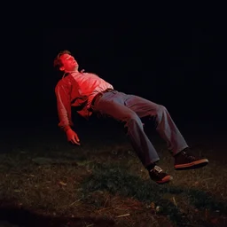 a still from the breakfast club ( 1 9 8 5 ) of a man lifelessly floating 9 feet above the ground at night, illuminated by a single red light