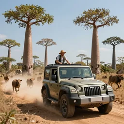 mahindra thar driving through madagascar with baobabs trees, animals chasing, action scene, an epic fantasy, artgerm and greg rutkowski and alphonse mucha, an epic fantasy, volumetric light, detailed, establishing shot, an epic fantasy, cinematic, photorealistic, ultrarealistic, trending on art station, octane render, midsommar