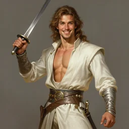 character concept portrait of happy Aaron Taylor Johnson as a swashbuckler flourising a rapier, fit, abs, robes, elegant, digital painting, concept art, smooth, sharp focus, illustration, from Metal Gear, by Ruan Jia and Mandy Jurgens and William-Adolphe Bouguereau, Artgerm