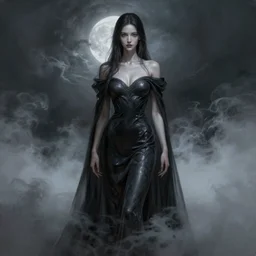 ultra realist and ultra intricate detailed soft painting of a beautiful queen of the death fully covered in long slim curvy dress and cape, thin lustrous long dark hair, symmetry features, sensual gloomy style, volumetric dense fog, cinematic, 8k resolution, photorealistic, digital painting, dark atmosphere, artstation, concept art, sharp focus, moonlight background, artstation trending, octane render, unreal engine