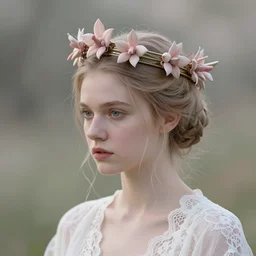 a stupid head with highly detailed realistic diged nails like a crown, in style of paolo roversi, britt marling style 3 / 4, a beautiful ethereal lace white robe, 8 k, soft focus, soft light, volumetric lighting, highly detailed realistic, refined, highly detailed, natural outdoor soft pastel lighting colors scheme