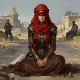 a full body portrait of a beautiful post apocalyptic offworld police district bedouin blind pulp fiction scarlet wild rogue barbarian leper begging by the roadside, intricate, elegant, highly detailed, digital painting, artstation, concept art, smooth, sharp focus, illustration, art by krenz cushart and artem demura and alphonse mucha