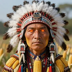 a native american with orange glowing eyes, made out of corn, highly detailed, digital art, sharp focus, trending on art station, american indian headdress, anime art style