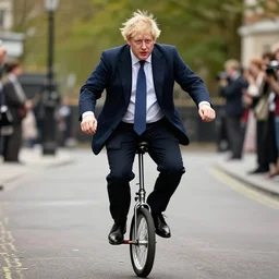 Boris Johnson riding a unicycle in a silly costume, digital art