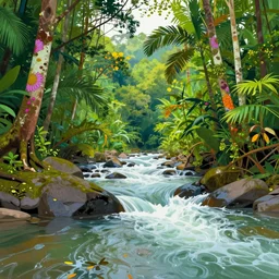 ( ( ( gediminas pranckevicius ) ) ), river flow through borneo jungle, summer morning, very coherent and colorful high contrast art by james gilleard james gurney floralpunk screen printing woodblock, pointillism, dark shadows, pastel color, hard lighting, stippled light, art nouveau, film noir