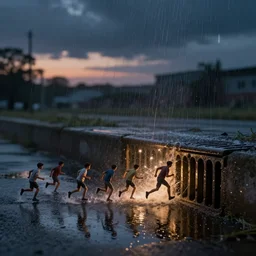 several tiny men running into a storm drain, twilight, reflections on wet pavement