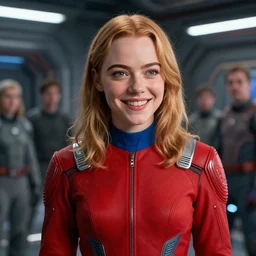 cinematic portrait of young smiling teenage emma stone in red futuristic jumpsuit, blue collar!!, space station at background, high detail, 8 k, sharp focus, movie still, dramatic lighting, ray tracing, smooth, lane brown, finnstark, oleg bulakh, diego fazio, mike dargas, emanuele dascanio, felix englund, michal karcz