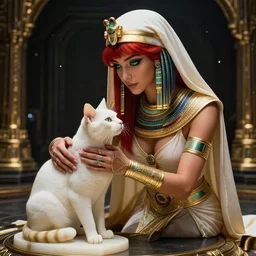 red - haired final fantasy white marble egyptian nun caressing her cat, warframe armor, regal, attractive, ornate, sultry, sexy, beautiful, elize theron, pretty face, green eyes, scifi platform, 4 k, ultra realistic, epic lighting, illuminated, cinematic, black gold, art by alexandra petruk, voidstar