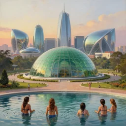 capital city of the free republic of lberland, pretty women enjoying water in the foreground, humongous green glass dome and path around it and humongous futuristic glass buildings built in the horizon, sunset light, hyperdetailed, artstation, painting by gaston bussiere, craig mullins, j. c. leyendecker, 8 k