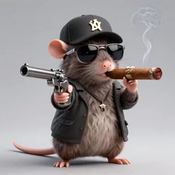 anthropomorphic gangster rat smoking a huge cigar, pointing a pistol at the camera, wearing sunglasses and a cap, long fur,  anthropomorphic rat, detailed, 3d render, 4k, pixar