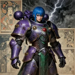 composition of gothic and futuristic young mainem, warhammer, cyber japan armor, more and more scars, thunderstorm, blue head, purple and green, the middle ages, highly detailed, artstation, in the style of moebius, jugendstil and classic japanese print, art by jean delville and rene magritte