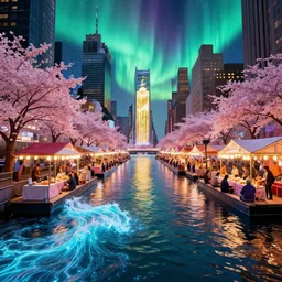 floating markets of times square river with bioluminescent wave in new york city mixed antelope canyon during sakura season on an interstellar aurora borealis, gold waterfalls, vendors, festivals, fun, by peter mohrbacher, james jean, james gilleard, greg rutkowski, vincent di fate, rule of thirds, octane render, beautiful landscape