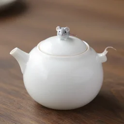 a white tea kettle with a little porcelain gray mouse on it's spout