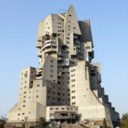 a giant castle built in brutalist architecture, diverse unique building geometry full of shapes and corners, with a smaller base than the top of the tower, slowly growing in width as we get higher
