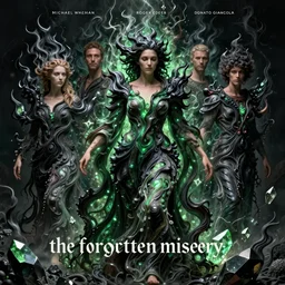 the forgotten misery by michael whelan and roger dean and brom and hubert robert and greg staples and donato giancola, beautiful, flowing magical flesh robe, highly detailed, hyperrealistic, intricate, energy, electric, black flame, low light, green crystal, high contrast, old and young, lifelike