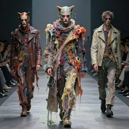 crazy fashion catwalk, one model, crazy clothes, biopunk style, horror, clothes look like slime, hauntingly surreal, highly detailed painting by francis bacon, edward hopper, adrian ghenie, gerhard richter, and james jean soft light 4 k,