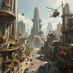 cinematic still of hyper detailed street leve view realistic afro steampunk city designed by frank lloyd wright architect, helicopters, deep perspective, wide angle, insanely detailed and intricate,