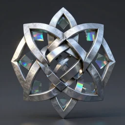 geometric metal monument sculpture of a gaelic knot with glass elements refracting rainbows into iridescent patterns, style of jack storms, octane render, artstation