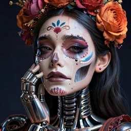 beautiful crying female android!, intricate, elegant, super highly detailed, professional digital painting, ( el dia los muertos ), concept art, smooth, sharp focus, unreal engine 5, photorealism, hd, 8 k, beautiful, cinematic, art by artgerm, moebius, rutkowski, mucha, loish, wlop