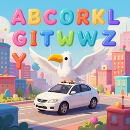 a vibrant illustration of the alphabet and a white thunderbird car surrounded by colorful capital letters, city scene, alphabet, abc, buildings of letters, digital painting, artstation, concept art, smooth, prismatic, cartoonish,