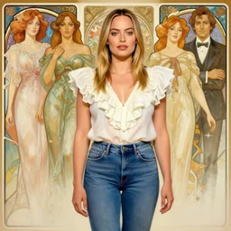 margot robbie, frilly blouse, jeans, half body shot, path traced, highly detailed, high quality, digital painting, alena aenami, leonid afremov, lilia alvarado, shinji aramaki, karol bak, alphonse mucha, tom bagshaw